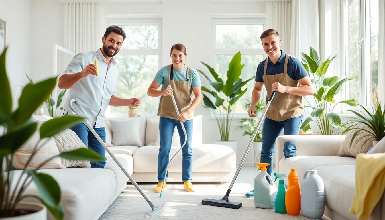 Experience superior cleaning service with dedicated professionals enhancing a bright living room.