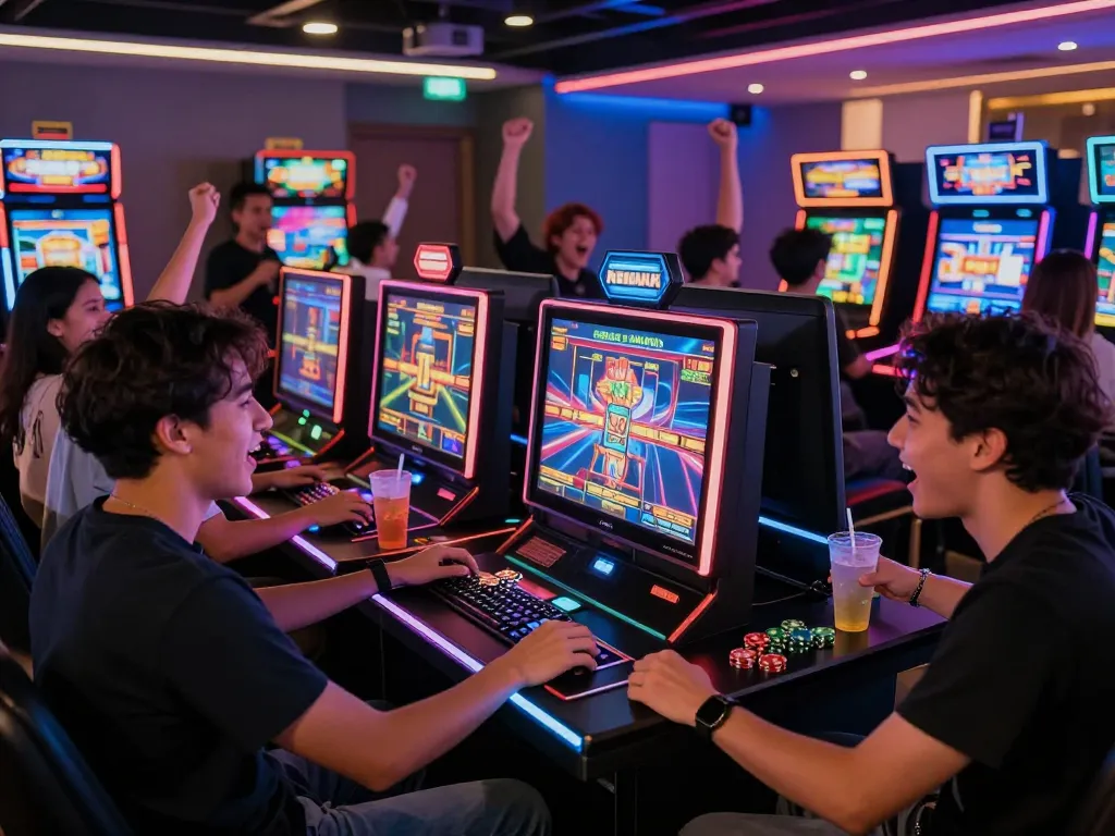 Situs slot gacor gaming lounge with friends enjoying interactive slot machines, vibrant atmosphere, engaging gaming experience