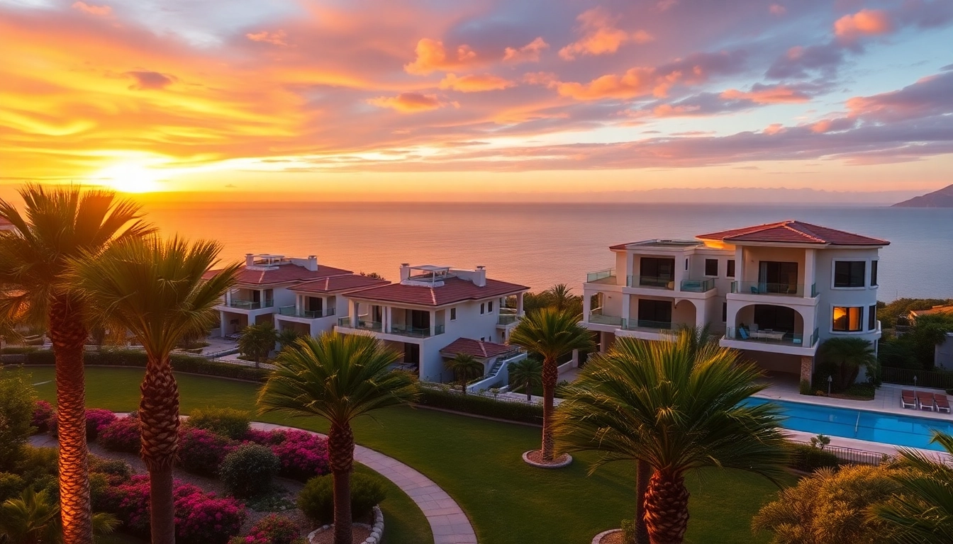 Stunning villas embodying luxury real estate in alanya against a vibrant sunset.