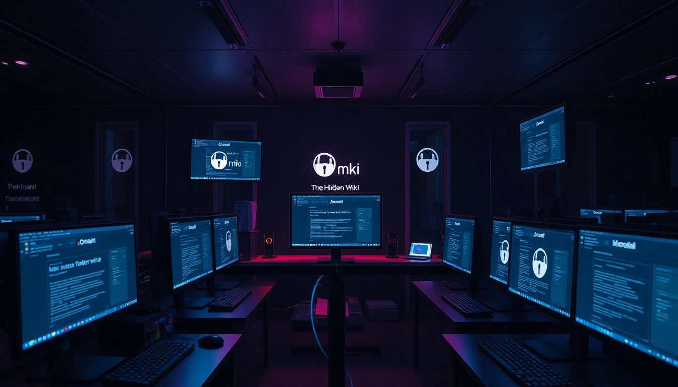 The hidden wiki tor depicted in a dimly lit cyber café with .onion website displays, symbolizing dark web anonymity.