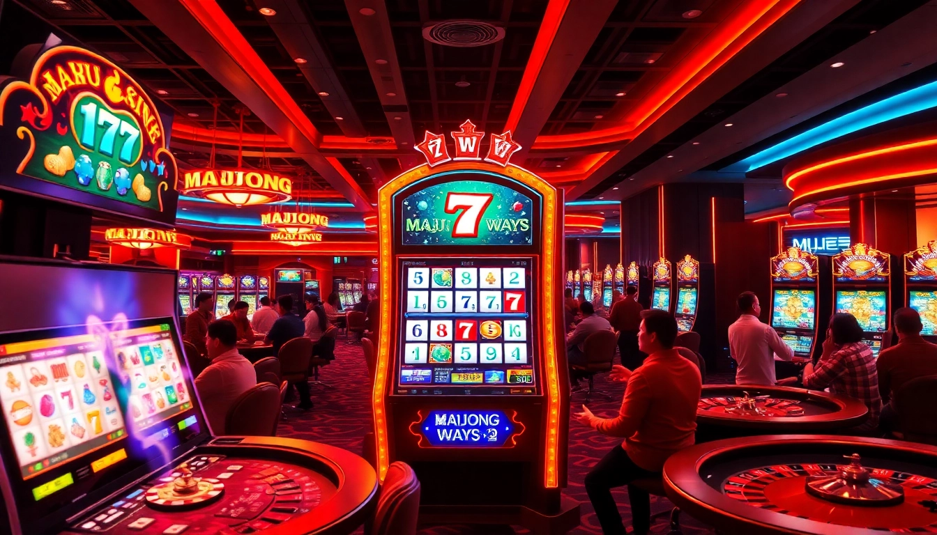 Engaging players enjoying the mahjong ways 2 slot game within an exciting casino setting featuring poker tables and roulette wheels.