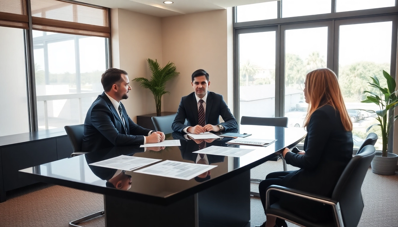 Consulting Boca Raton Real Estate Litigation Lawyer in modern office setting with clients.