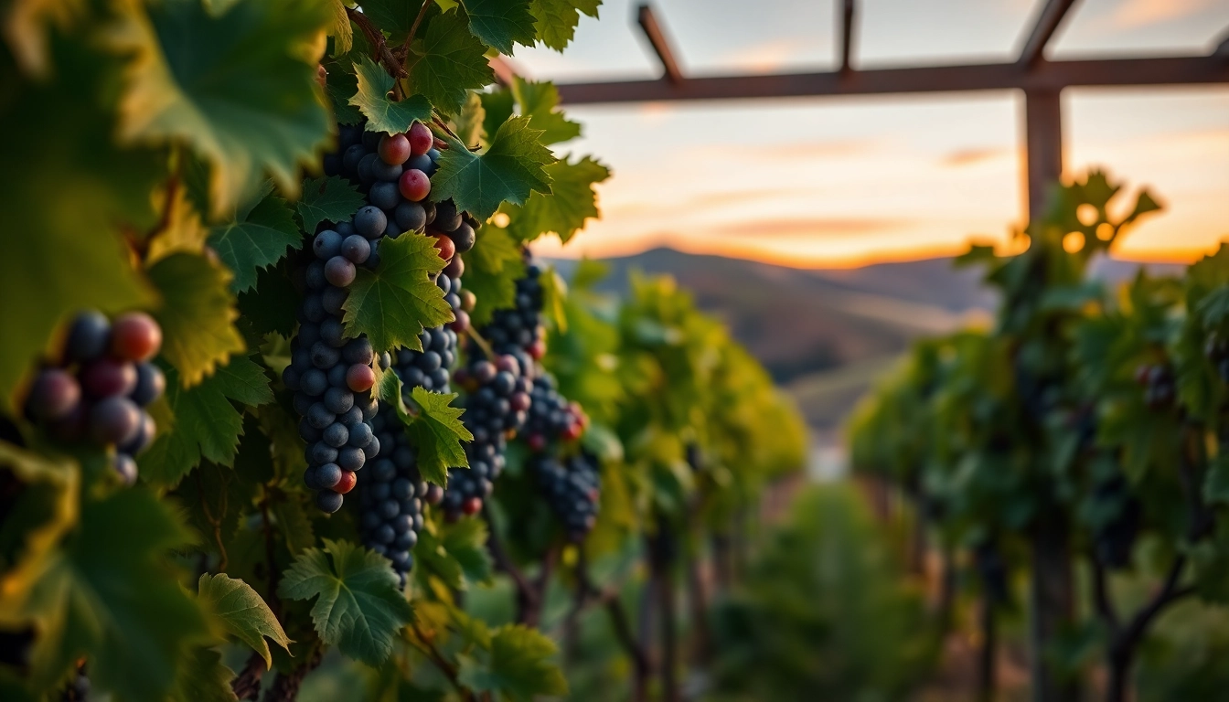 Experience the serene beauty of clarksburg wineries with lush vines and a stunning sunset.