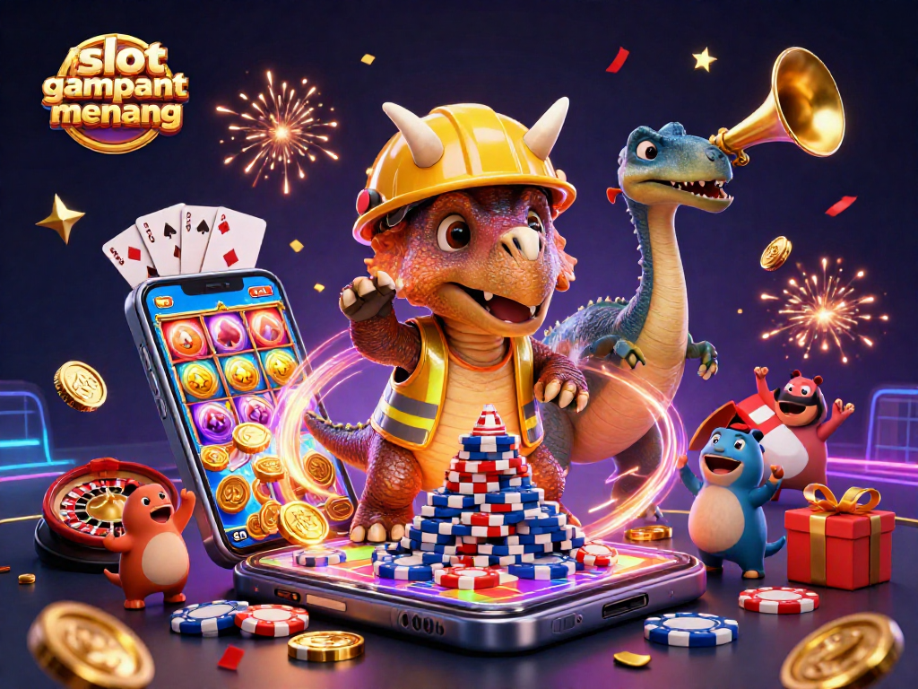 Experience slot gacor gampang menang with our colorful slot game celebration scene featuring cartoon dinosaurs.