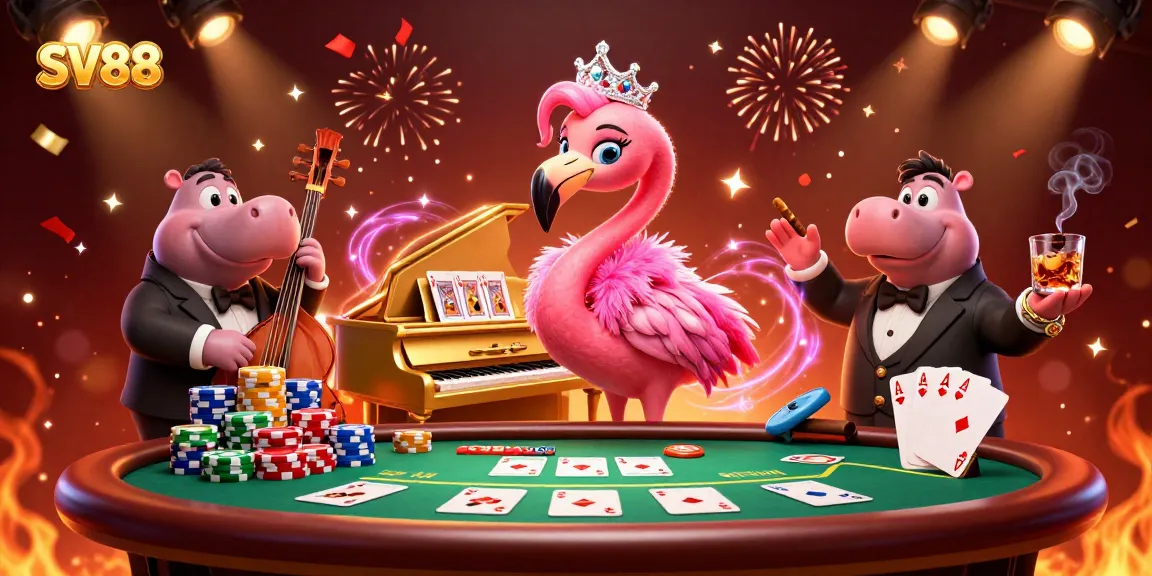 Engage with SV88's vibrant casino scene featuring a singing flamingo and a hippo bassist.