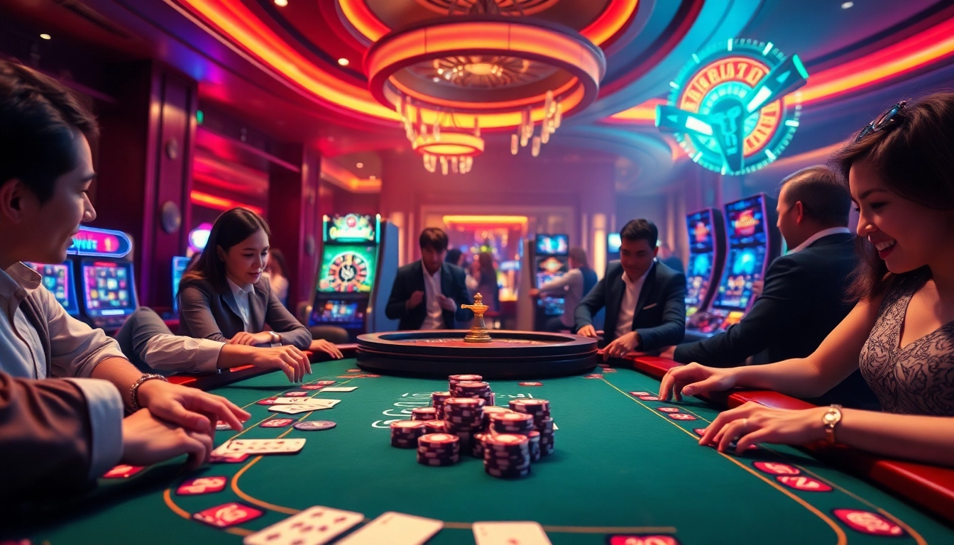 Excited players engage at an MK8-themed casino table, showcasing luxury gaming elements.