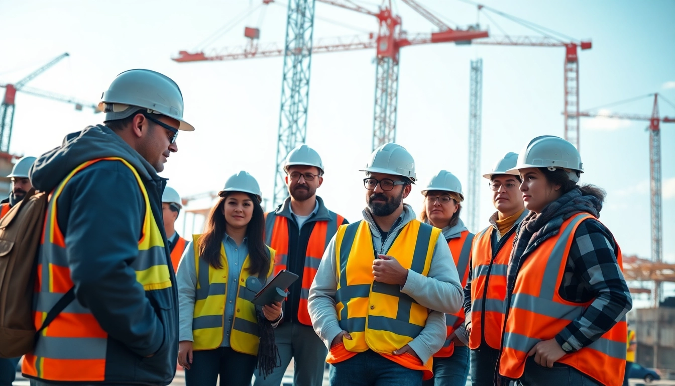 Participants engaging in construction safety training on a construction site, emphasizing safety protocols.