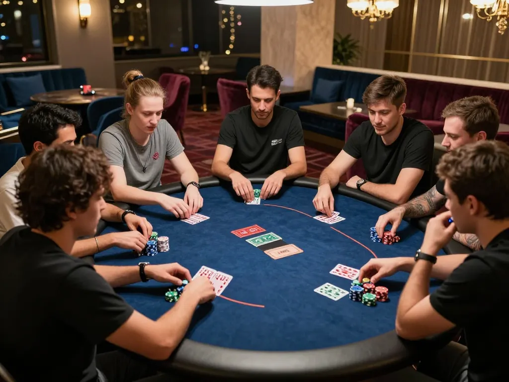 Players engage in strategic bets at a poker table while enjoying the excitement of u888 in an upscale casino setting.