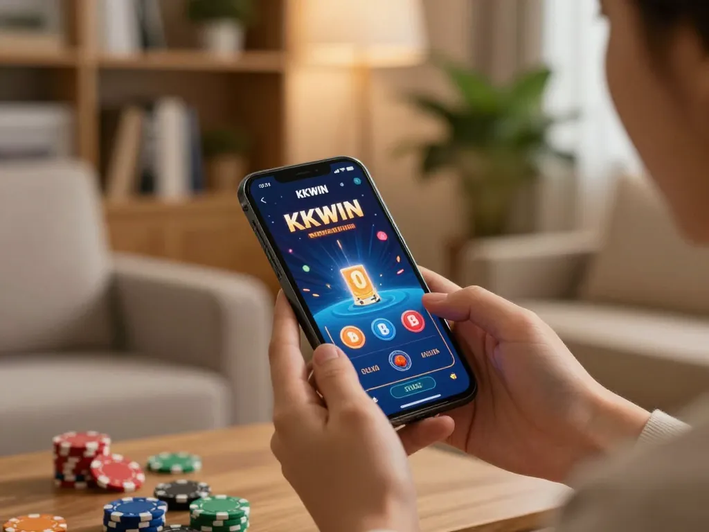Person engaging with the KKWIN app in a cozy setting, showcasing online gambling excitement.