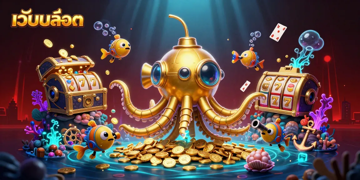 Engage with เว็บสล็อต as a golden kraken submarine emerges from golden coins, featuring energetic slot reels.