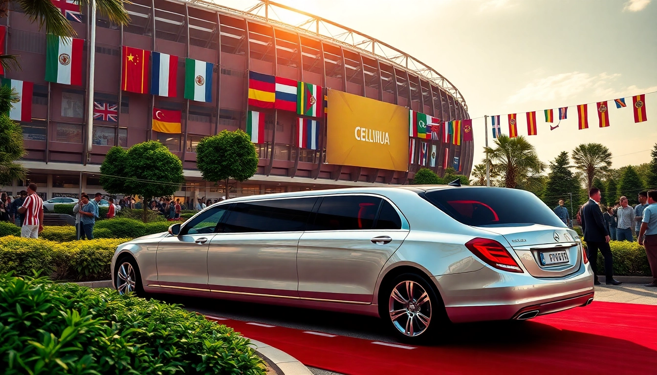 World Cup Group Transportation in a luxury limousine outside a stadium with fans and vibrant banners.