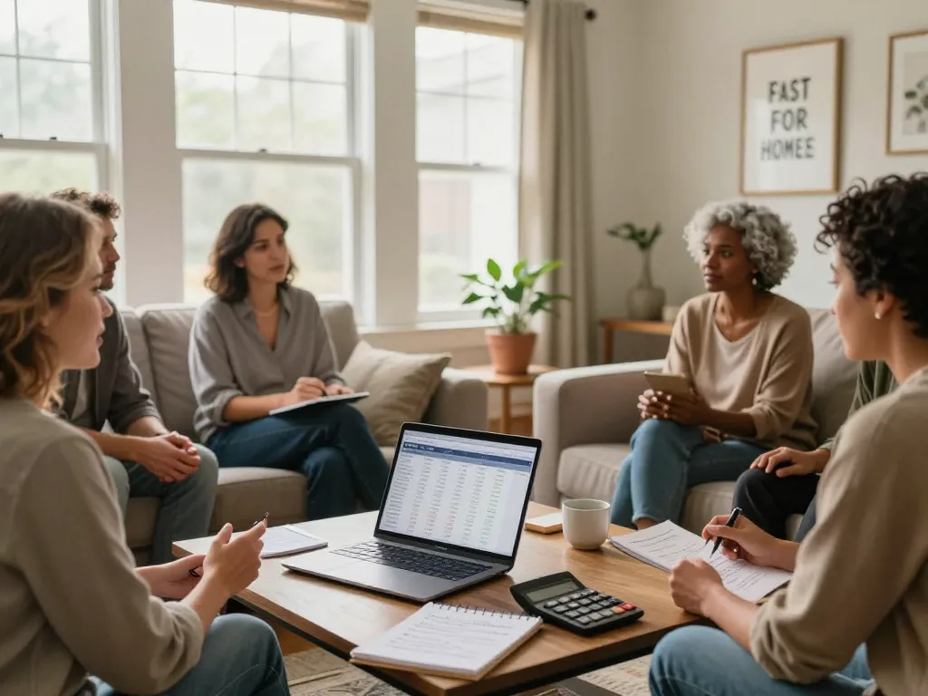 Homeowners discussing fast cash for homes offers in a cozy living room setting.