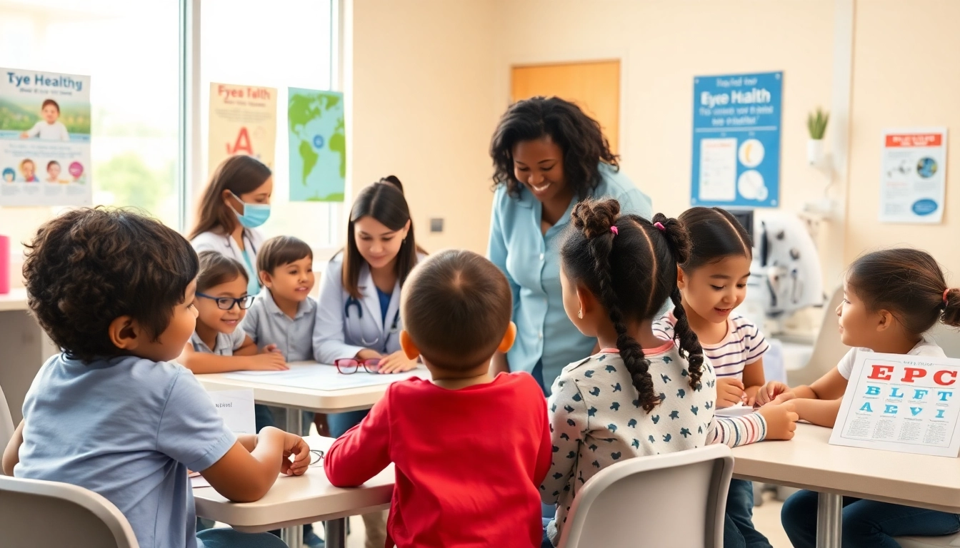 Promote Our Children's Vision through a friendly child eye care clinic, showcasing diverse children receiving eye health support.