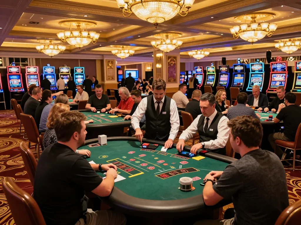 Players engaged at the vibrant trang chủ fly88 blackjack tables in an upscale casino atmosphere, showcasing excitement and skill.