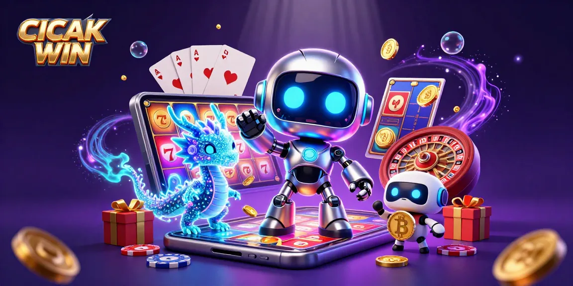 CICAK WIN showcases a vibrant 3D casino scene with a cyberpunk robot and holographic dragon.