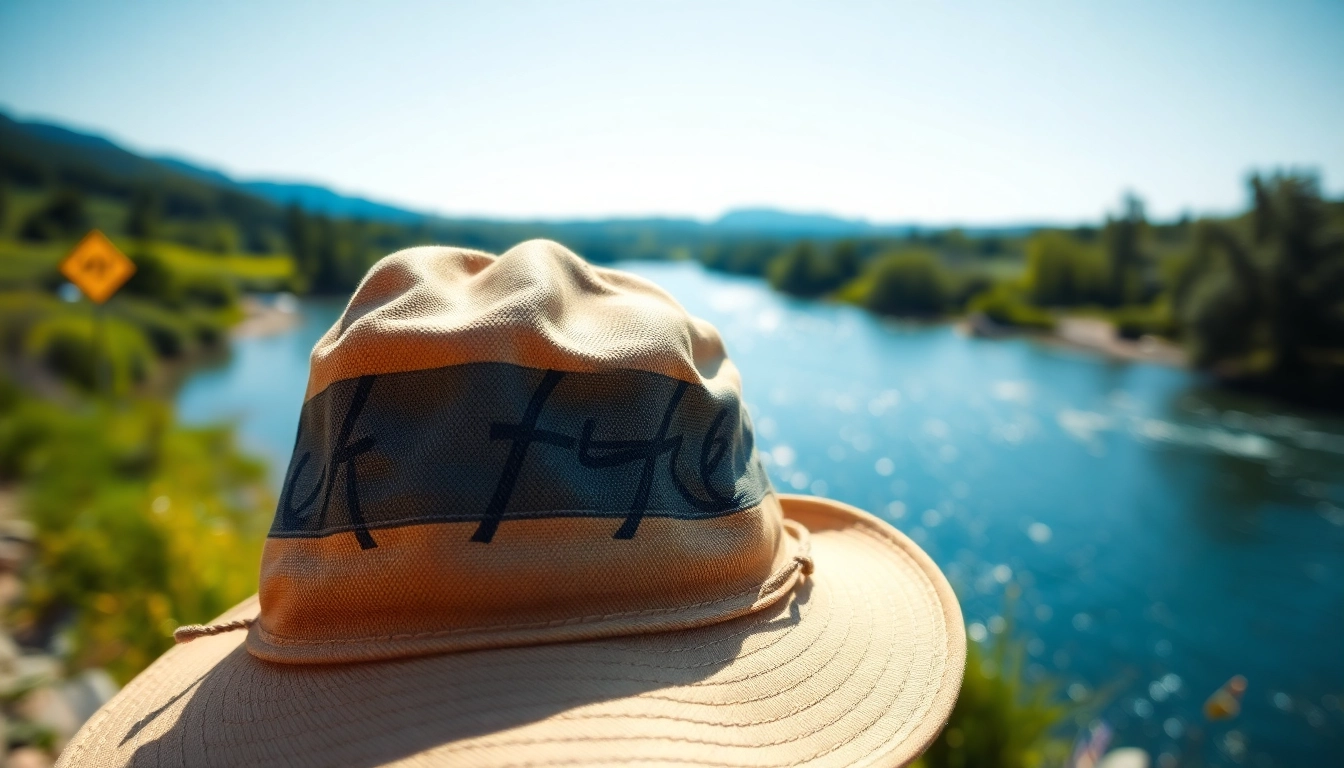 Showcasing a stylish fly fishing hat near a serene river setting.