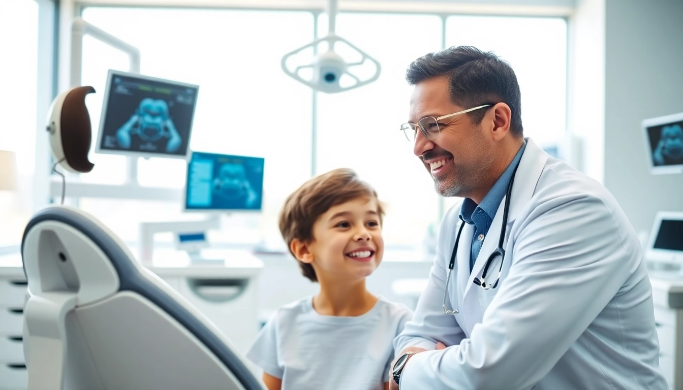 Engaging Edmonton orthodontist interacts with a young patient in a modern clinic setting.