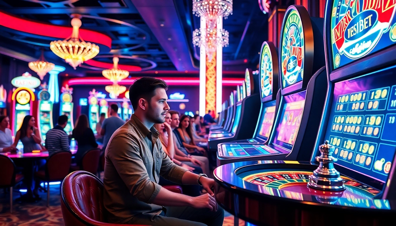 Permainan kasino vegas88 dengan mesin slot berwarna cerah dan pemain bersemangat.