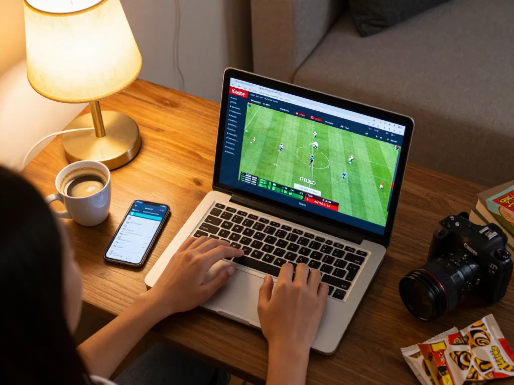 Xoilac platform displayed on a laptop showcasing live sports betting action in a cozy home setting.