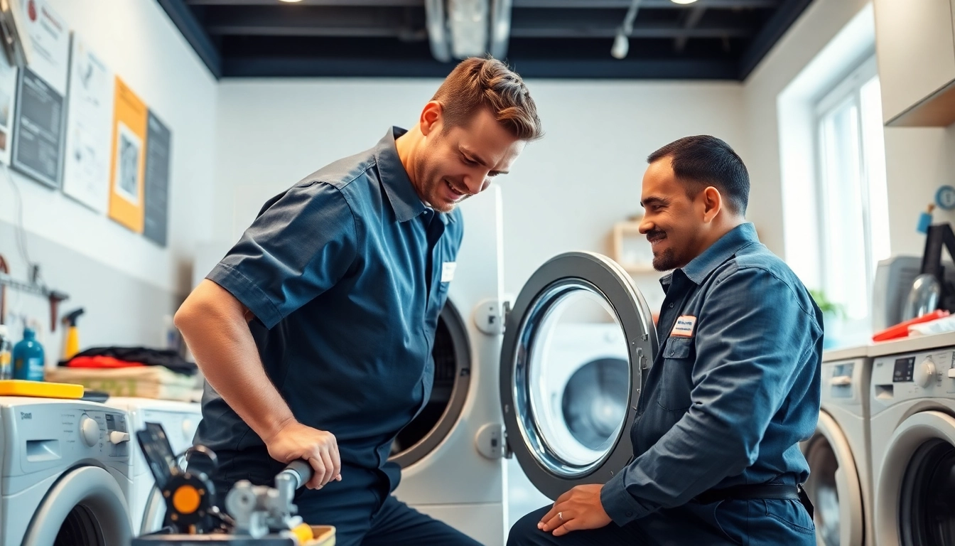 Technician provides efficient washer dryer repair near me in a bright laundry room setting.