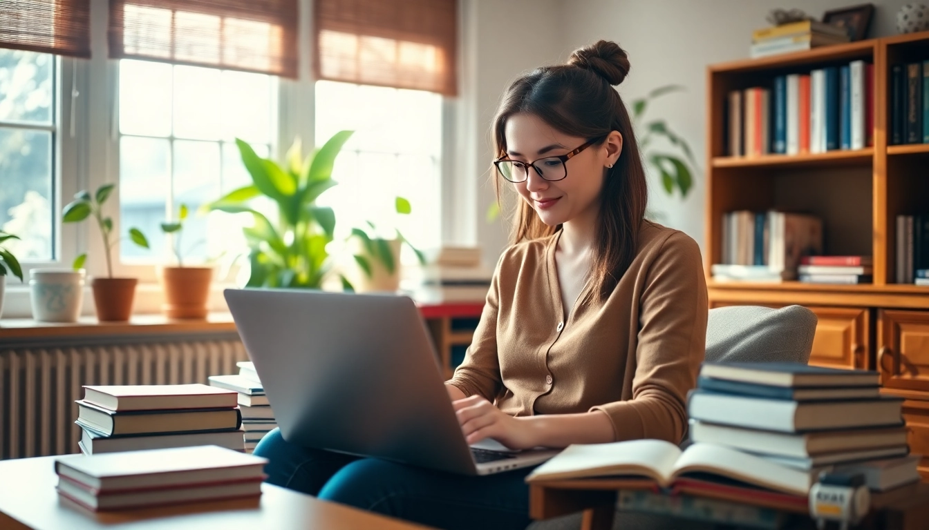 Engaged blogger crafting content for a UK Blog in a warm, inviting office setting.