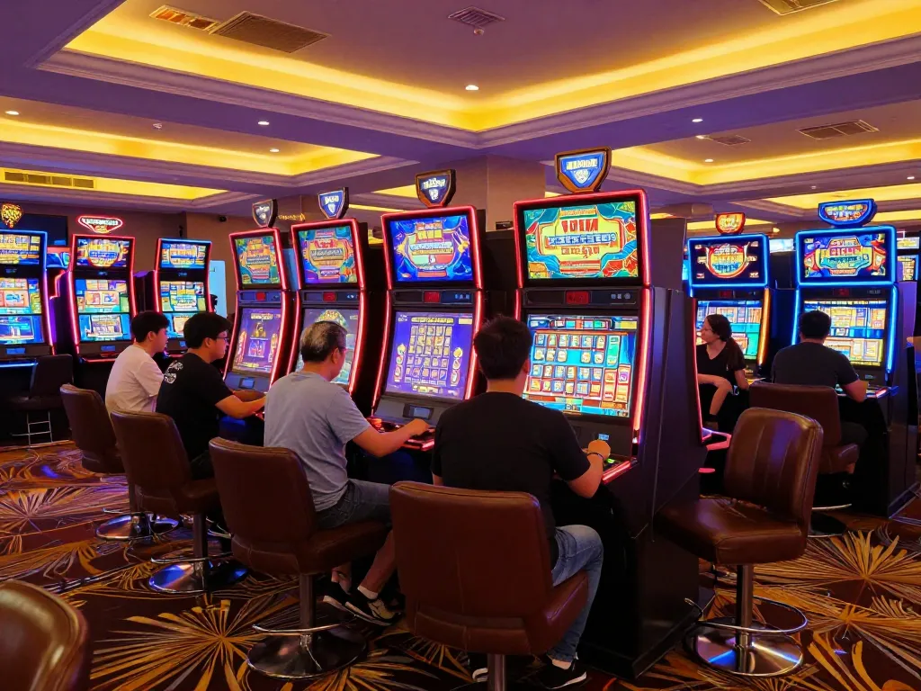 Pemain yang terlibat di area mesin slot kasino yang ramai menikmati permainan slot link yang mengasyikkan.