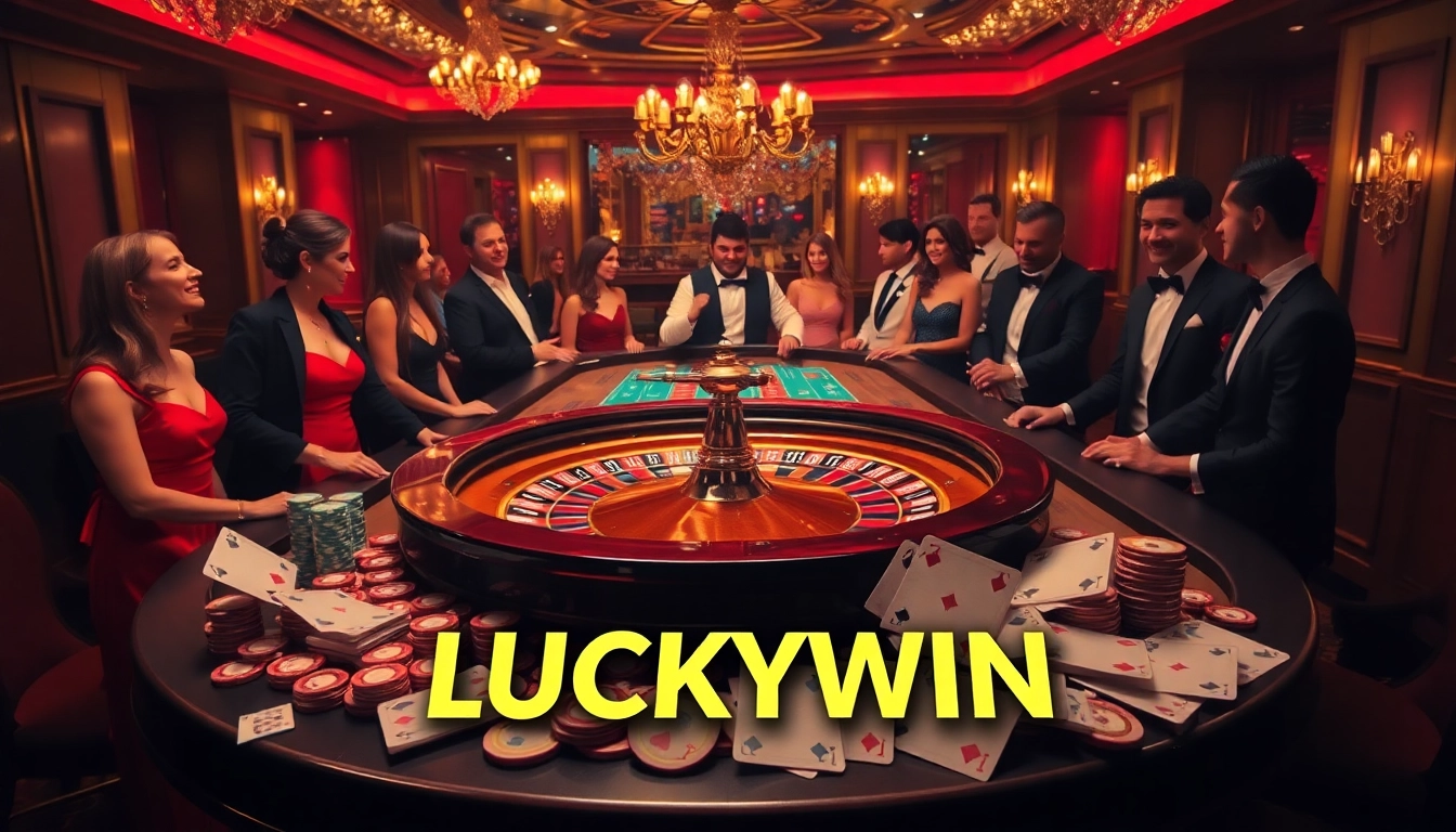Experience the thrill of LUCKYWIN at a luxurious casino with vibrant roulette and poker action.
