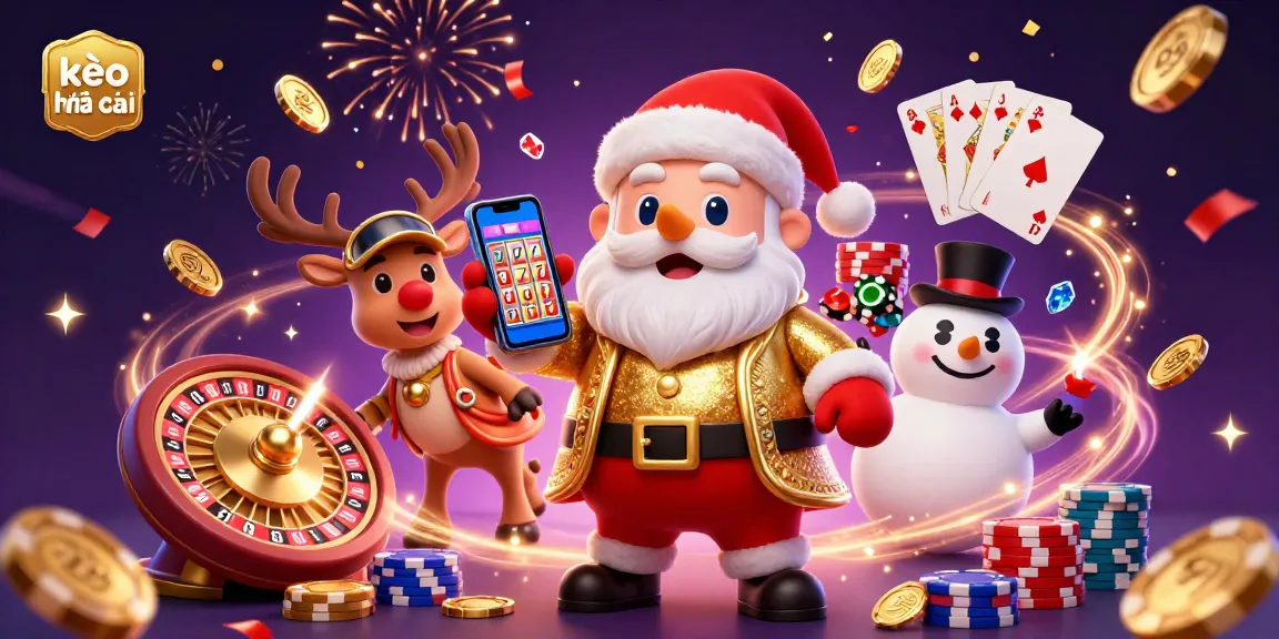 Experience kèo nhà cái in action with a vibrant 3D casino scene featuring Santa, reindeer, and poker elements.