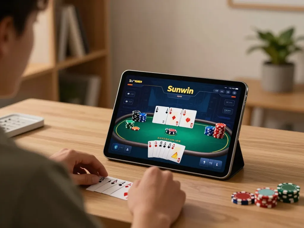 Playing poker on Sunwin’s online platform during cozy home gaming session.