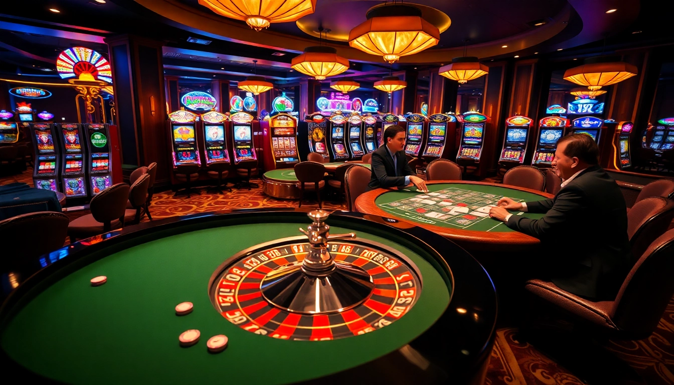 F168 casino players engaging at a poker table amidst vibrant slot machines.