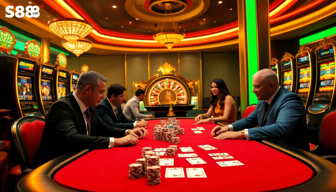 S88vip gaming scene featuring poker players, luxurious tables, and slot machines.