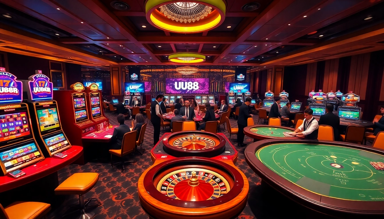 Players enjoying an immersive gambling experience at UU88, featuring colorful tables and exciting slot machines.