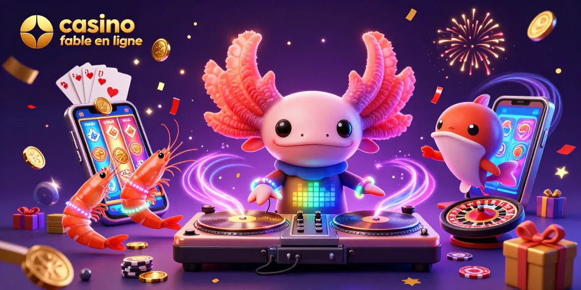 Découvrez le spectacle vibrant d'un casino fiable en ligne avec un DJ axolotl et des éléments de jeu captivants.