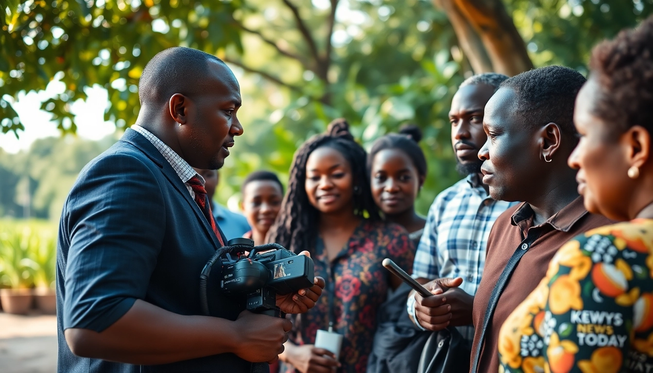 Engaging scene of Kenya News Today, showcasing a journalist interviewing locals, symbolizing community essence.