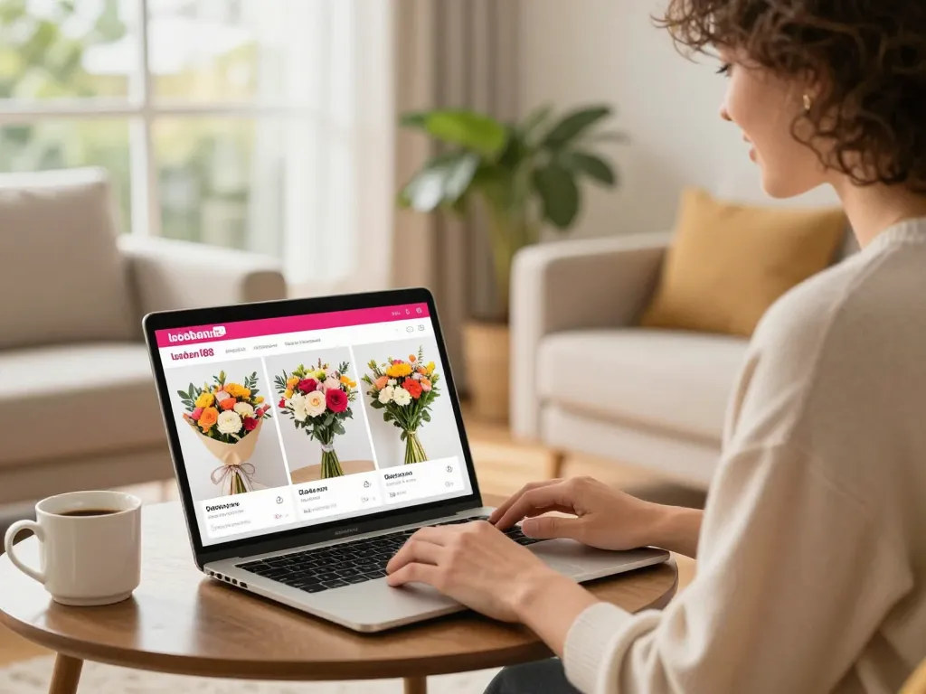 Nuansa e-commerce yang menarik dengan susunan bunga laoban188 di laptop, menyoroti pengalaman belanja online yang menyenangkan.