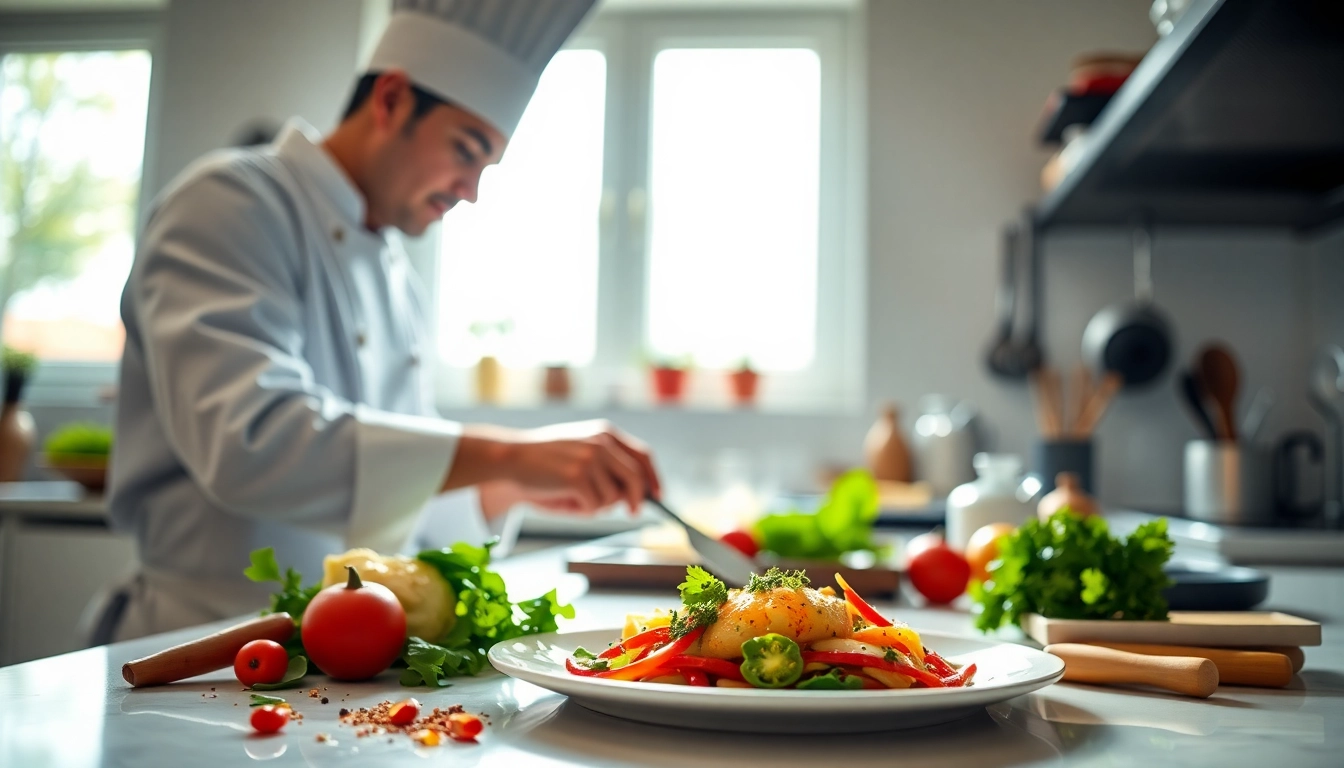 Chef demonstrating culinary art at dishfacts.com in a bright, modern kitchen.