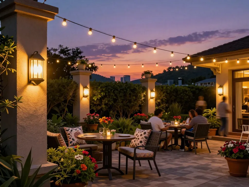 Dusk to dawn outdoor lights illuminating a cozy patio scene with vintage fixtures and warm ambiance.