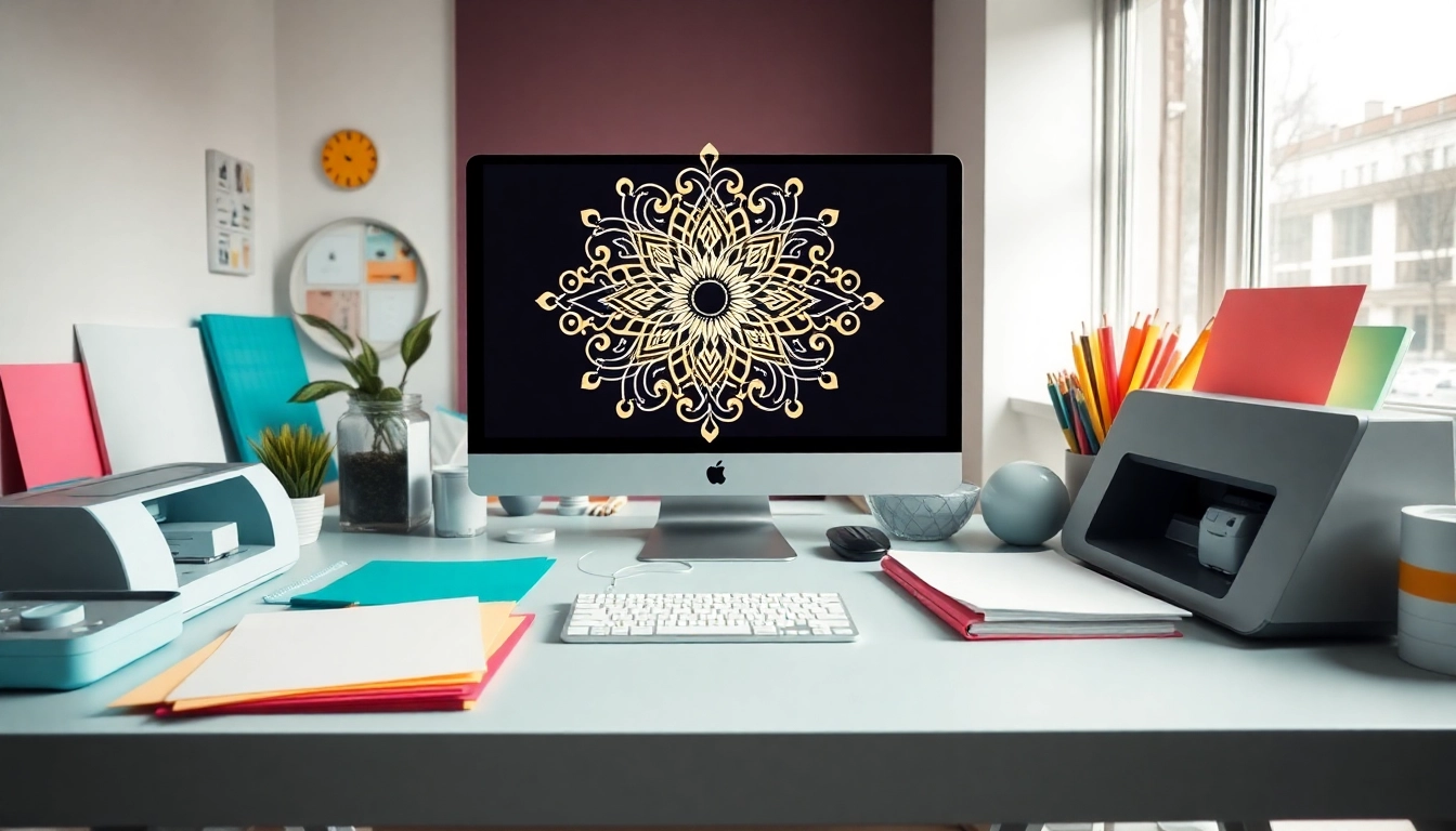 Showcase of vibrant free svg designs on a designer's workspace with craft materials
