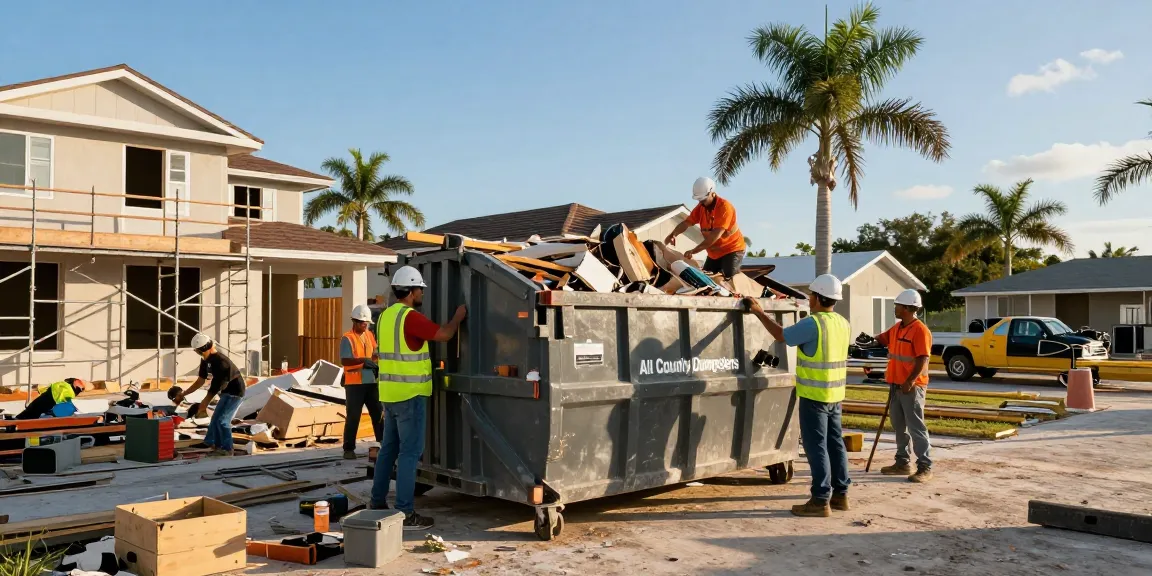 Efficient Dumpster Rental in Fort Myers FL at a busy construction site with contractors and roll-off dumpsters.