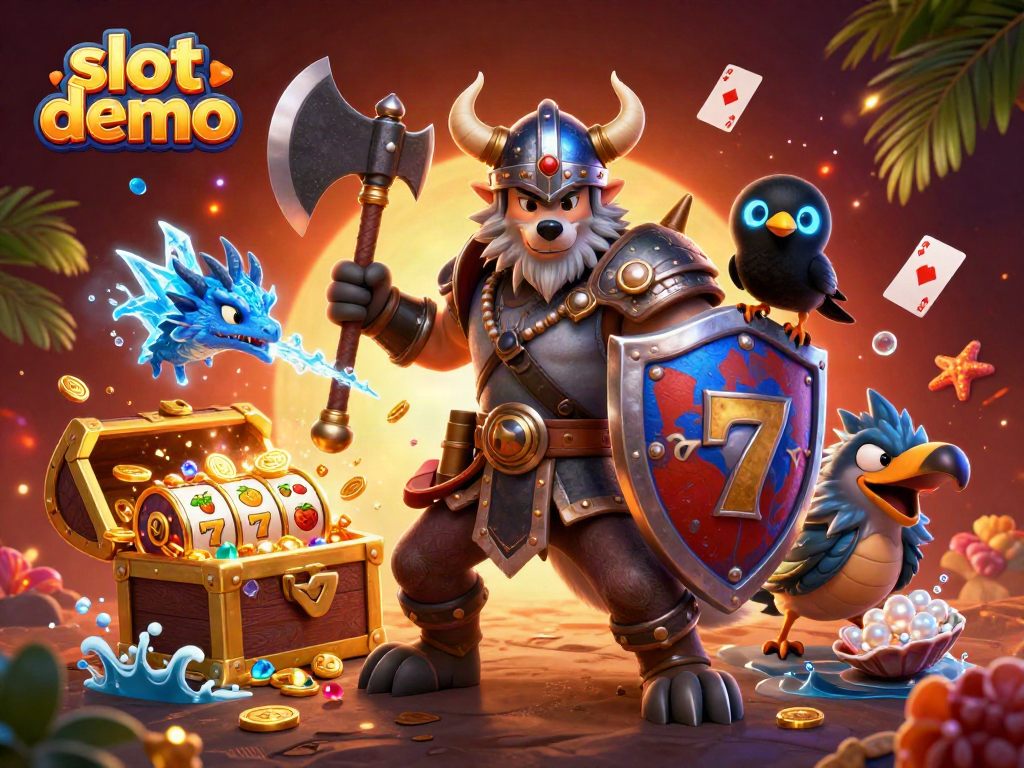 Engage with the slot demo featuring colorful slot reels, Viking warrior, dragon, and radiant gems.