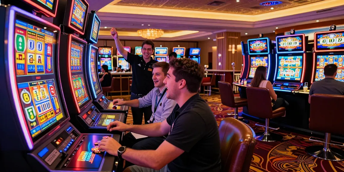 Slot machines lighting up the casino floor with excited players and vibrant colors.