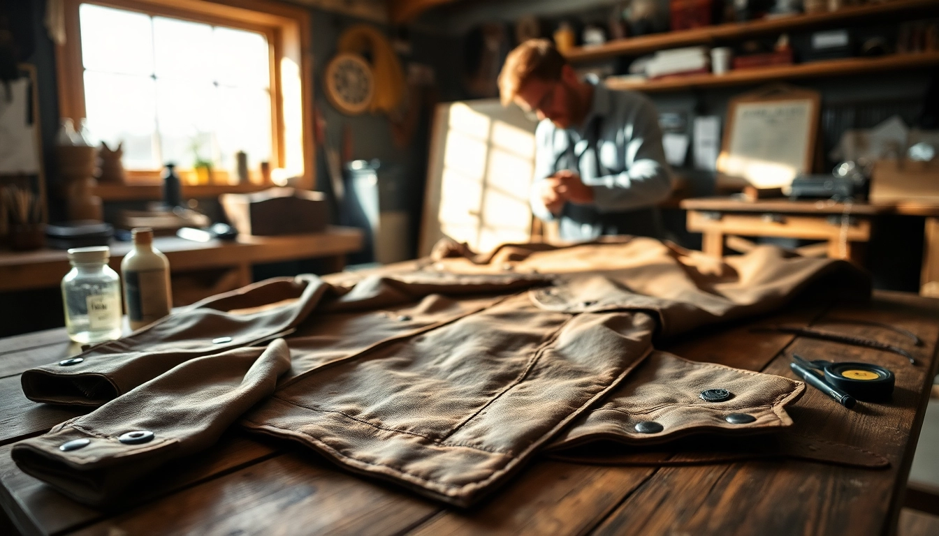 Restoring vintage leather jackets and gear with detailed craftsmanship in a cozy workshop