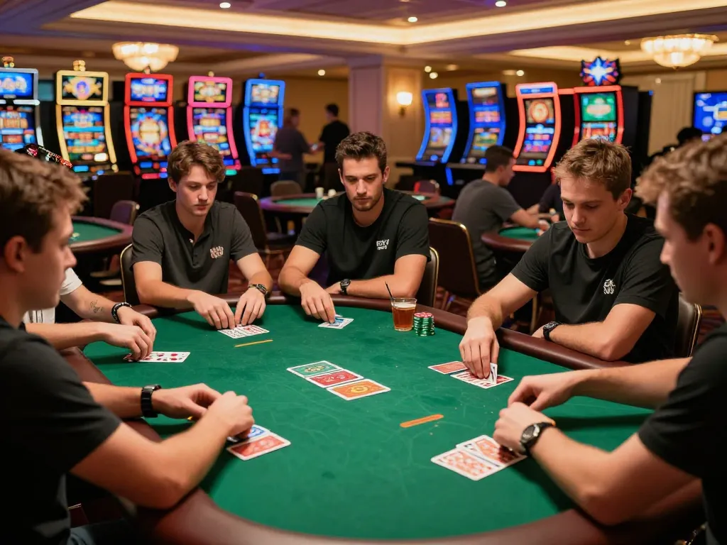 Players focused on a competitive poker game at a stylish casino, showcasing rikvip atmosphere and excitement