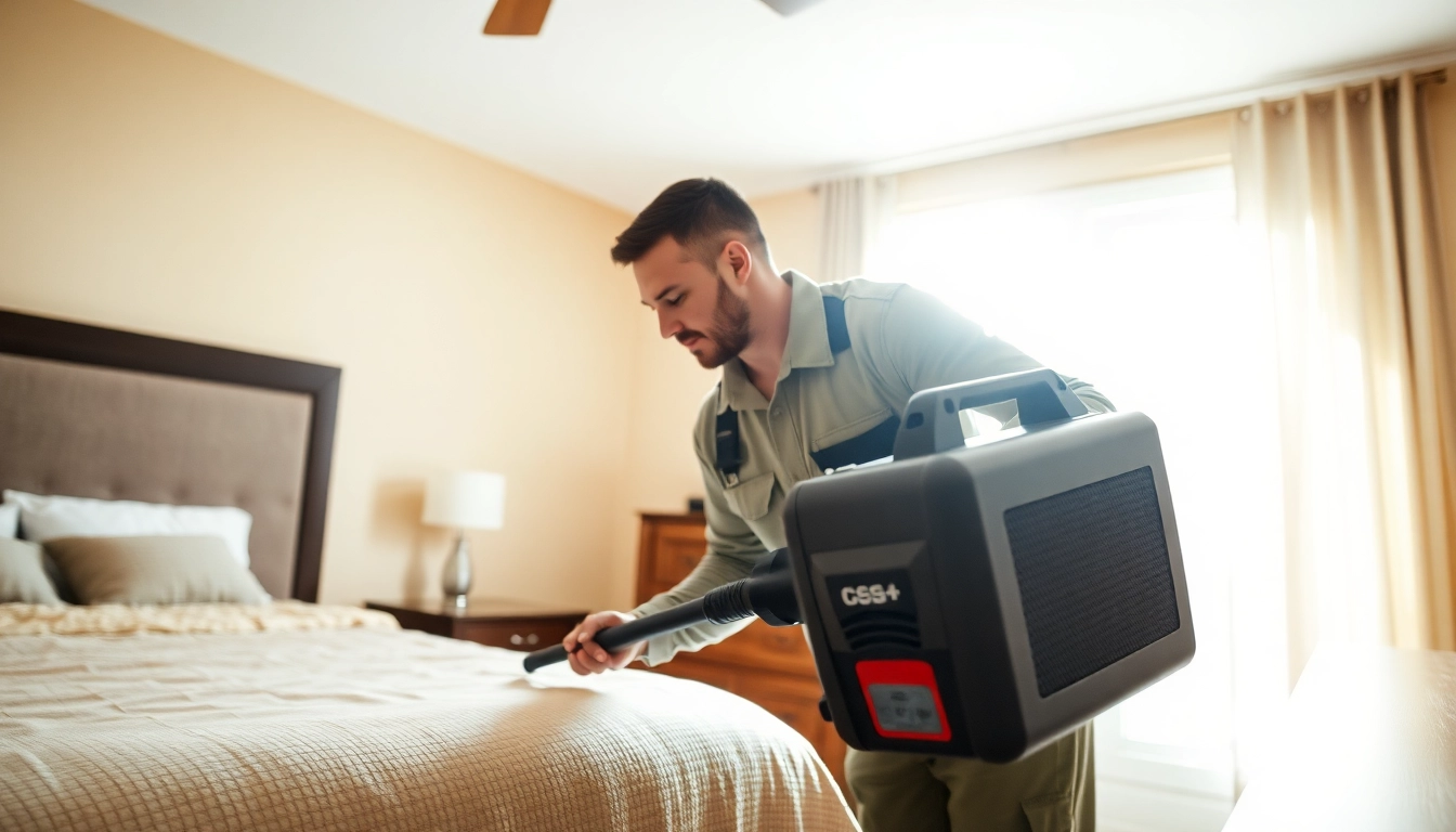 Technician conducting bed bug heat treatment in a brightly lit bedroom.