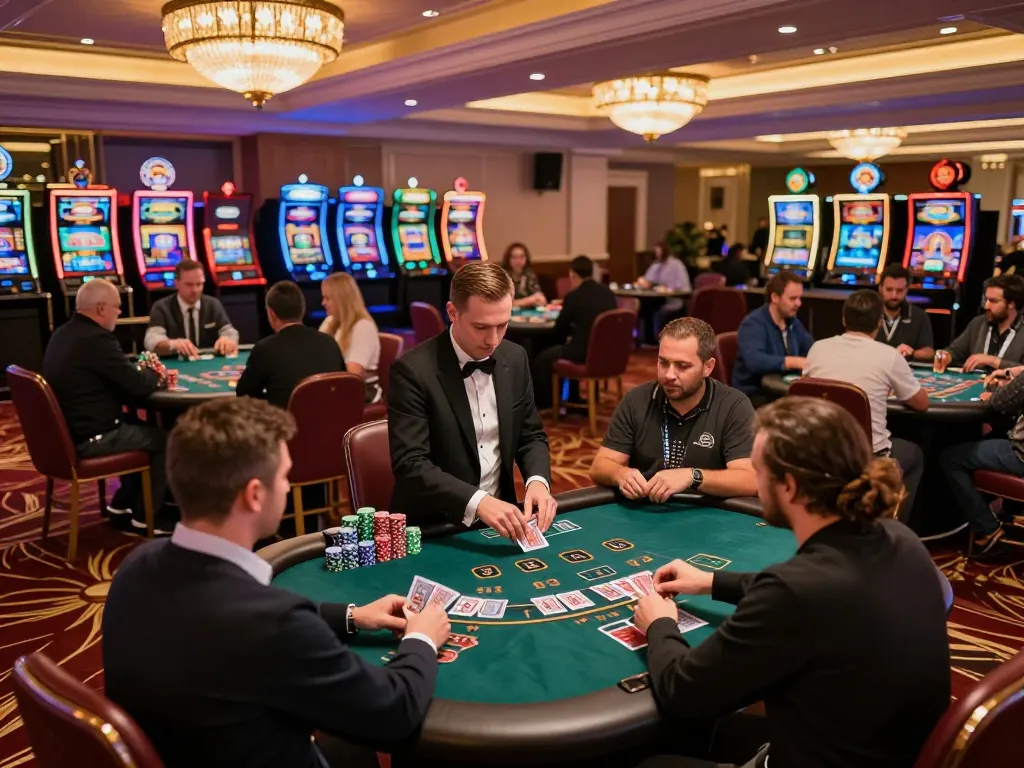 BUKA77 players strategizing at a blackjack table in a vibrant casino atmosphere with glowing lights