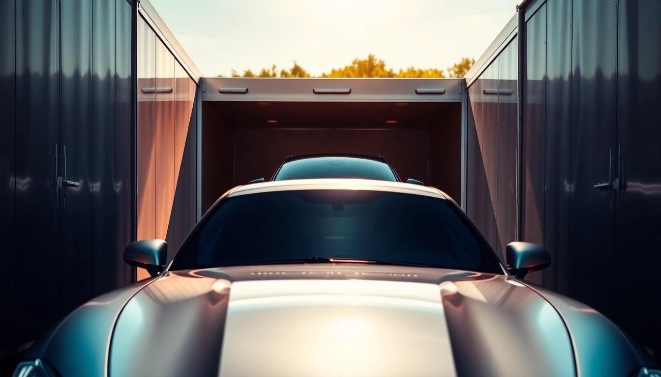 Showcase of https://luxuryautocarriers.com luxury auto transport with pristine vehicle loaded into trailer.