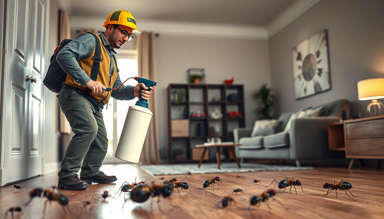 Immediate bug extermination performed by an expert in a living room protecting from pests.