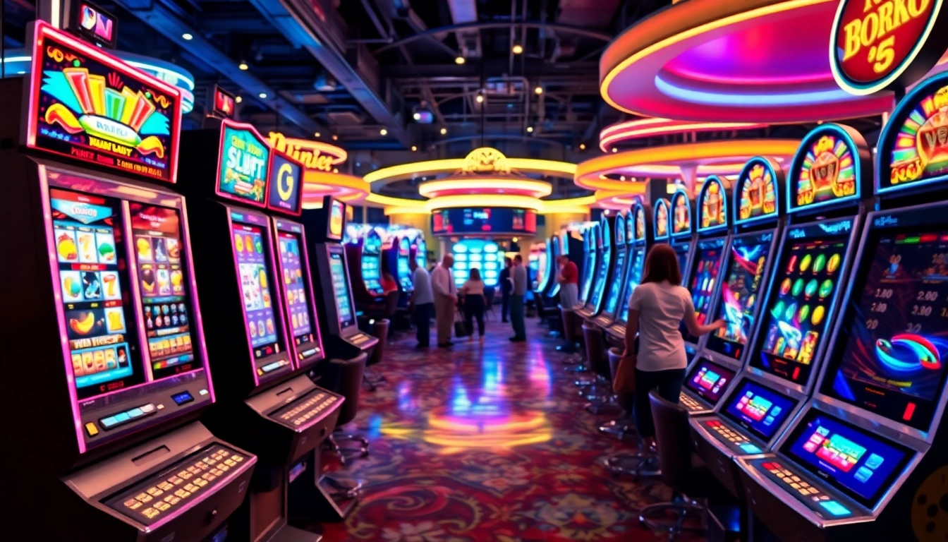 Permainan slot online menarik dengan mesin slot berwarna cerah di kasino.