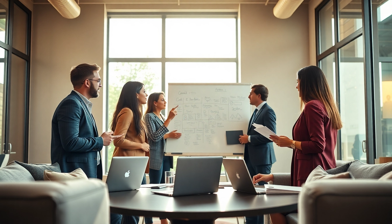 Engaging business professionals collaborating in an innovative office environment.
