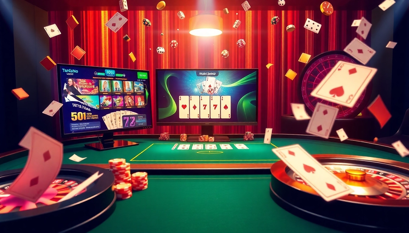 High-stakes gambling scene with trang chủ 789win interface, featuring poker, chips, and roulette wheel.